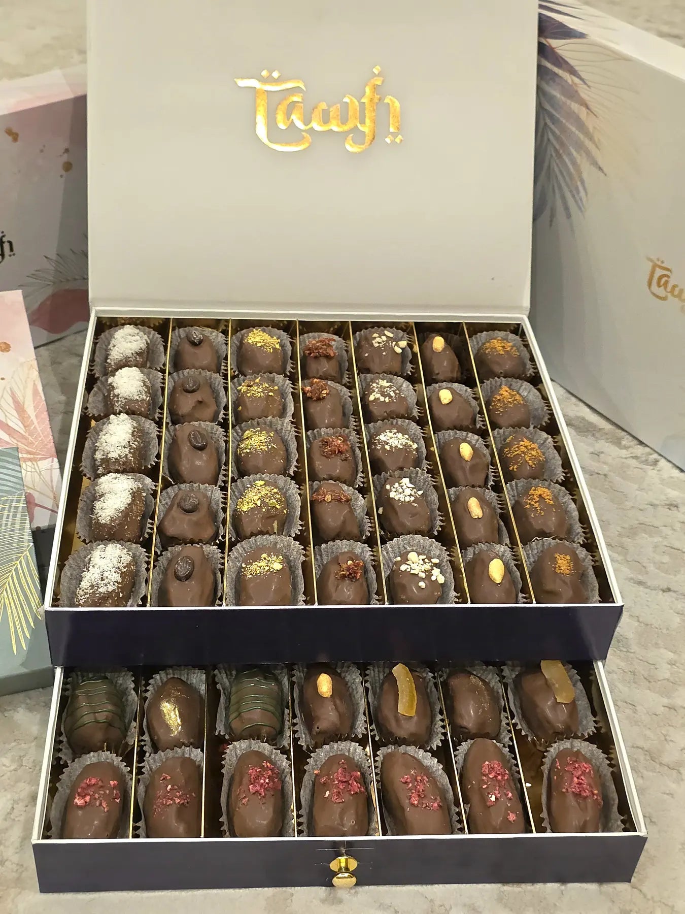 Tawfi presentation box filled with assorted dates